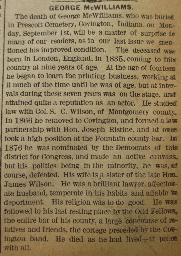 George McWilliams Lafayette Sunday Leader September 7, 1879 - could be him