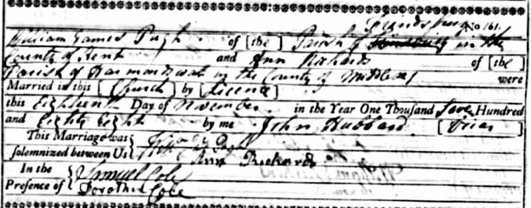 1788 Ann Richards W J Pugh marriage record