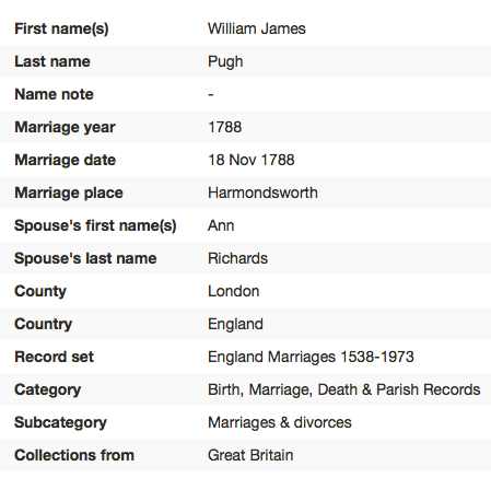 1788 Ann Richards William James Pugh marriage